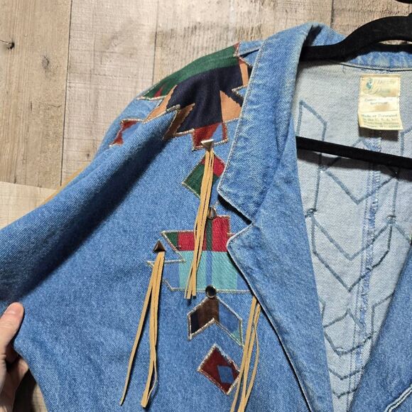 Weybug Designs Vintage 80s Denim Southwestern Embroidered Fringe Blazer Jacket - Picture 2 of 6